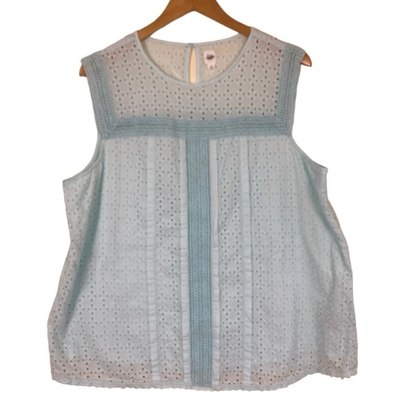 GAP Cottagecore Boho Crochet Eyelet Sleeveless Top Light Blue Lined Cotton Sz XL - Picture 2 of 14